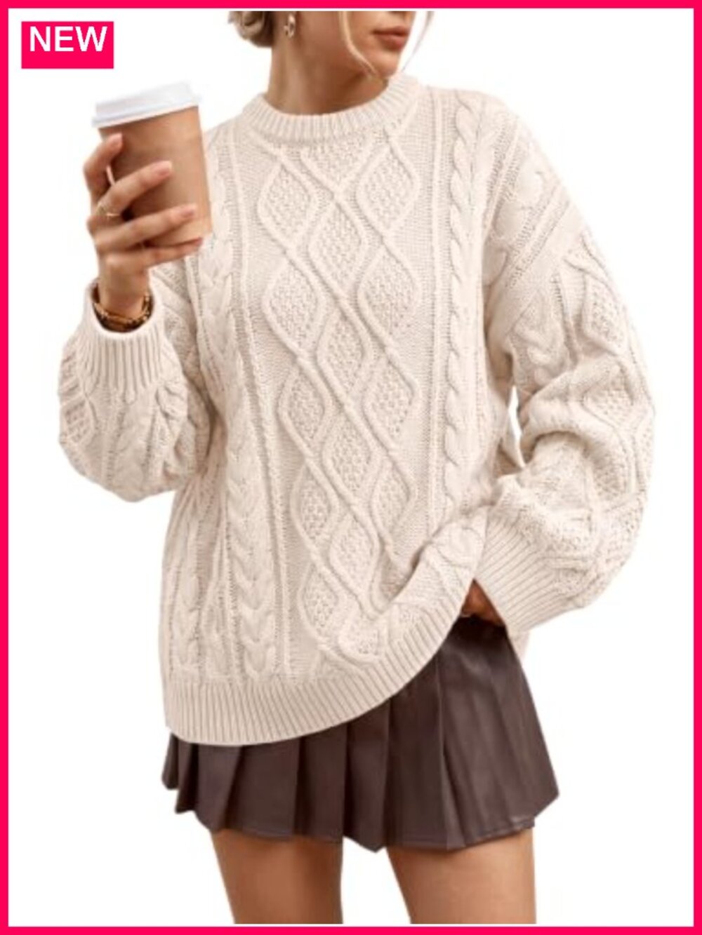 Oversized Cable Knit Sweater - Cotton Acrylic Blend Pullover